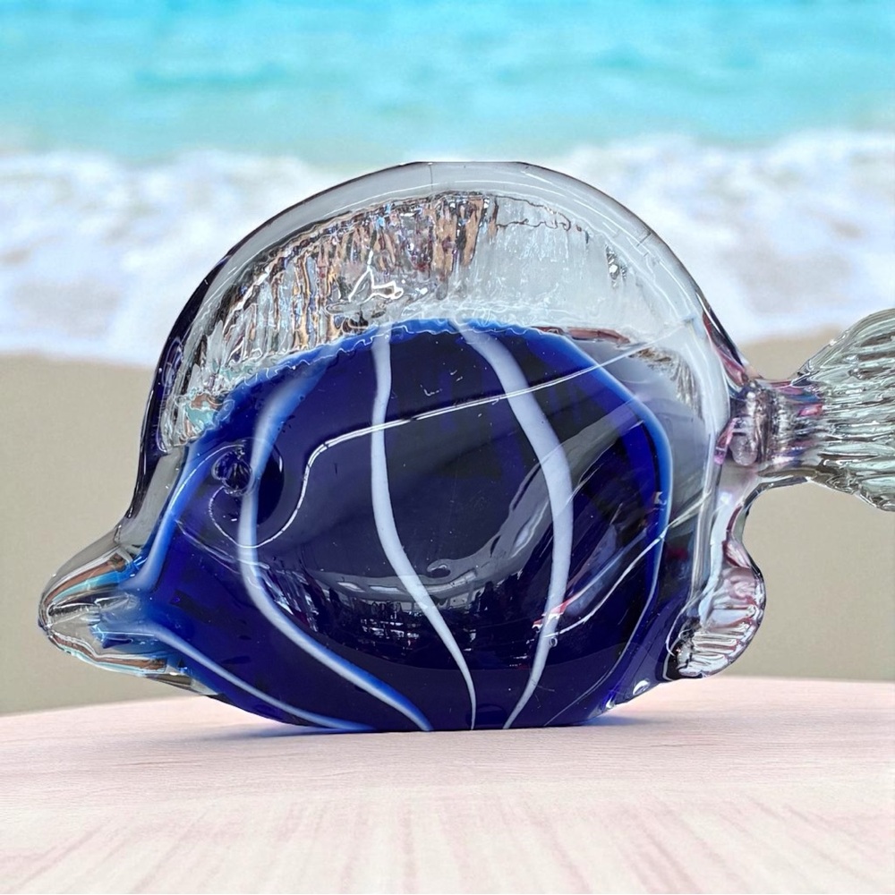 Vintage Art Glass Fish Paperweight Mouth Blown Cobalt Blue White Clear